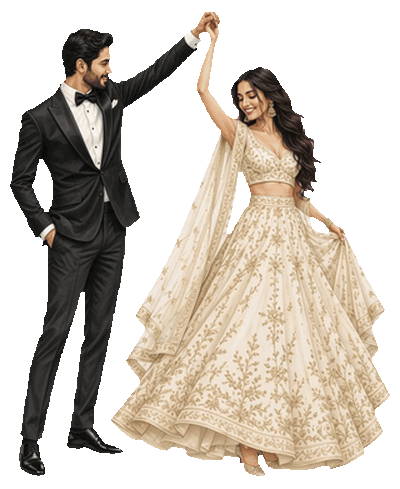 An illustrated couple dancing in Indian engagement attire